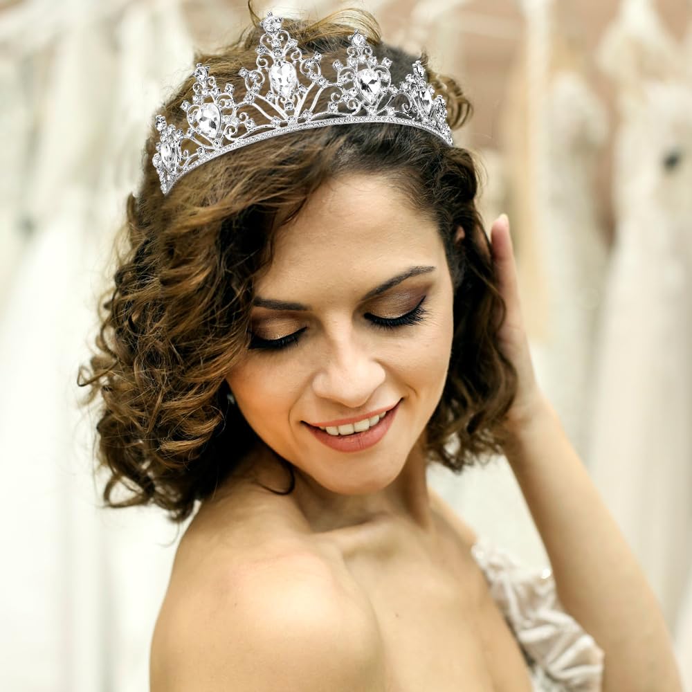 AHONEY Silver Tiara and Crown for Women, Crystal Royal Queen Crown Bridal Headband Rhinestone Princess Tiaras for Girls Quincean