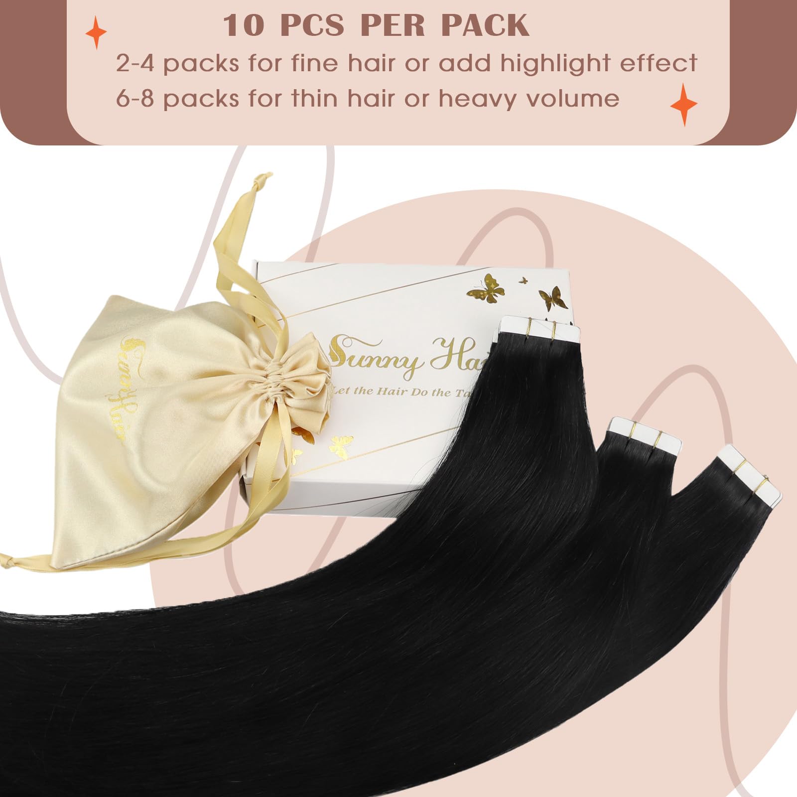 Sunny Hair Tape in Hair Extensions Real Human Hair Invisible Remy Hair Extensions Tape ins for Women Jet Black 24 inch 25G