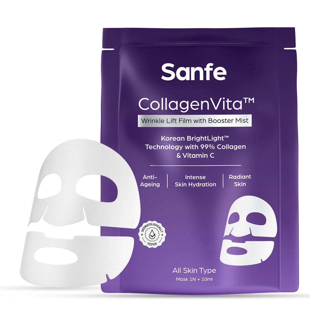 Sanfe Collagenvita Wrinkle Lift Film With Booster Mist, Anti-Ageing Sheet Mask, 99% Collagen & Vitamin C, Korean Brightlight Tec