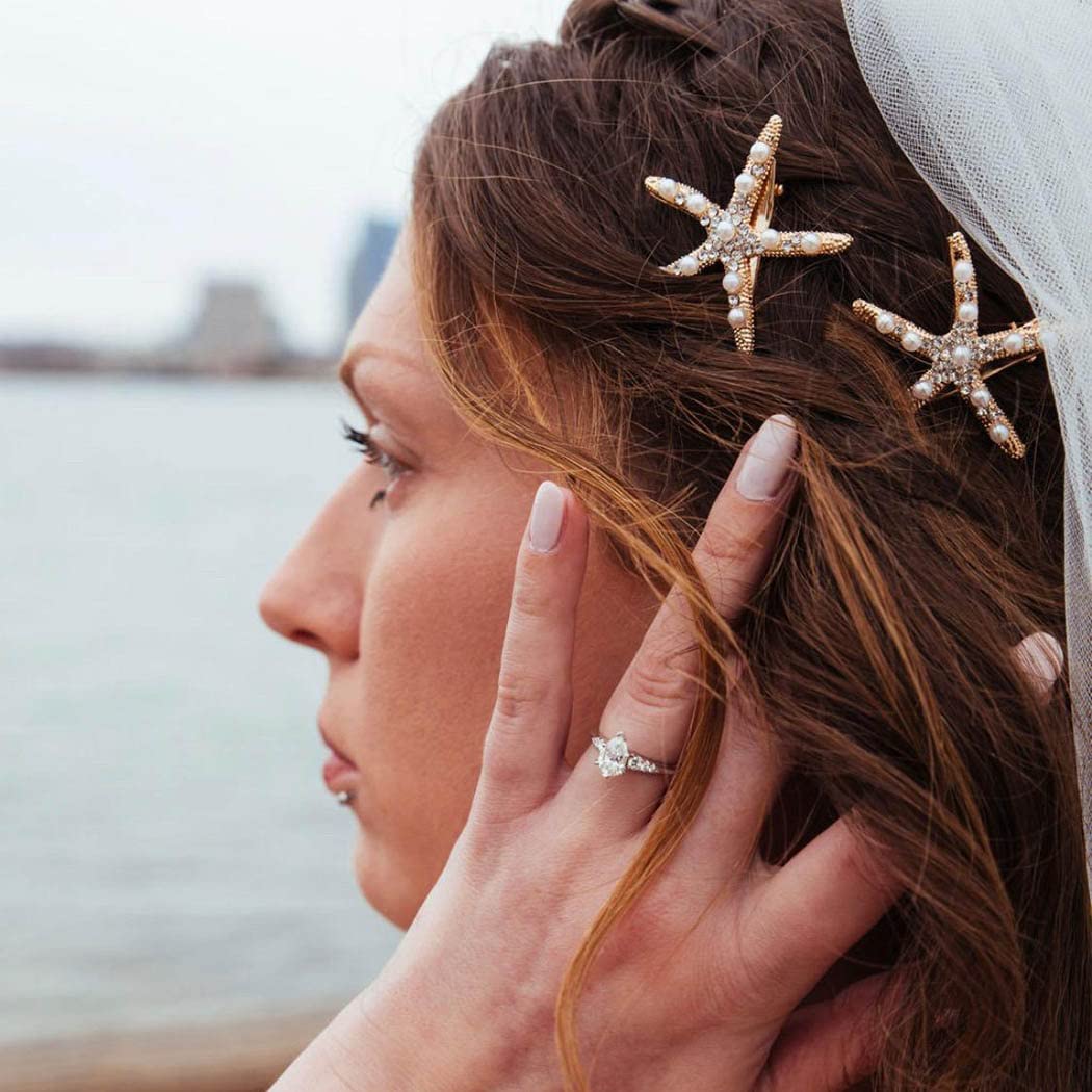 Bartosi Starfish Hair Clips Gold Pearl Hair Barrettes Crystal Hair Pin Bride Wedding Head Pieces Decorative Bobby Pins Hair Acce