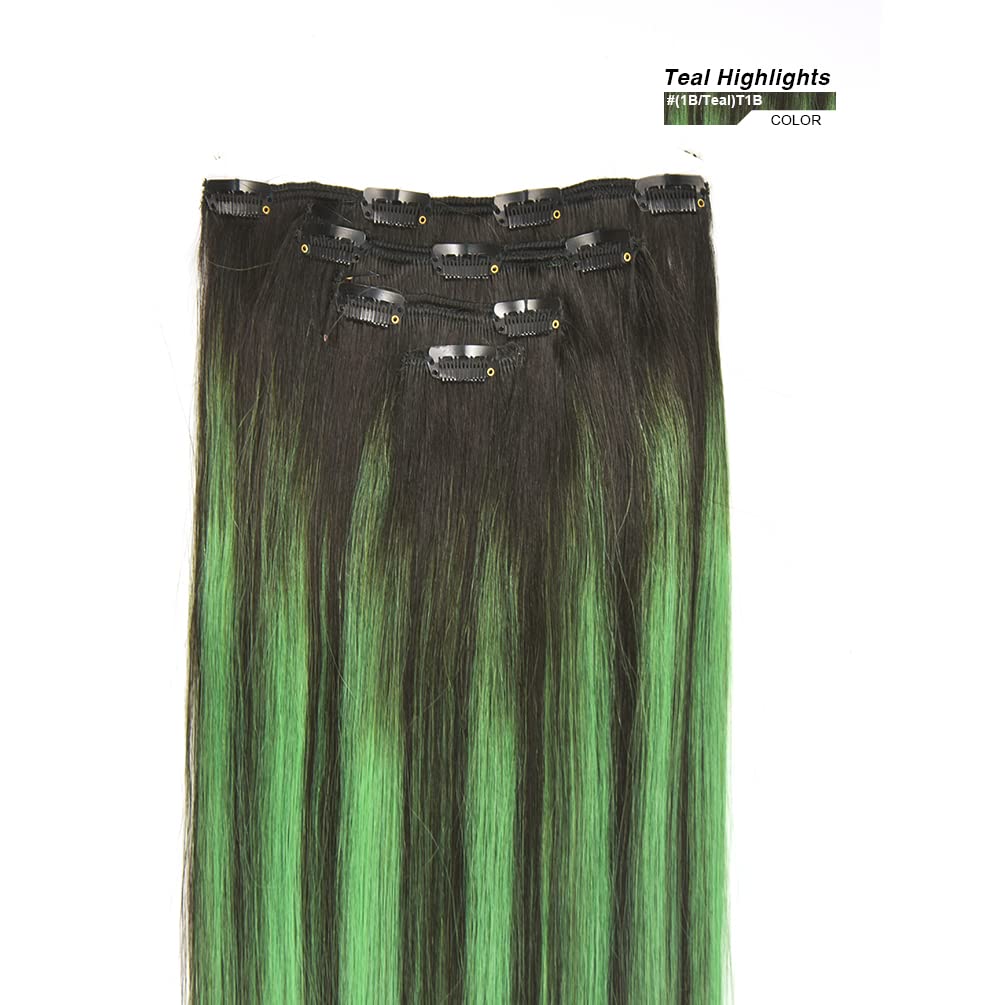 12'' Clip In Hair Extensions Remy Human Hair Teal Balayage For Women - Silky Straight 100% Real Human Hair 50Grams 4Pieces #(1B/