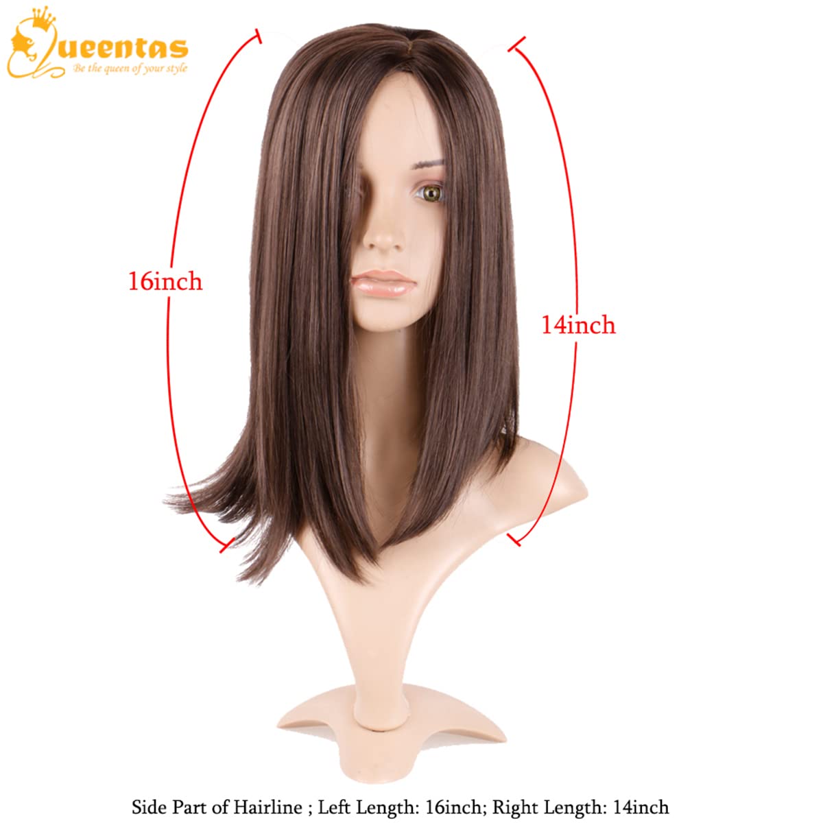 QUEENTAS Short Brown Bob Wig Shoulder Length Straight Bob Synthetic Hair Wigs for White Women with Middle Part Bangs Daily Use (