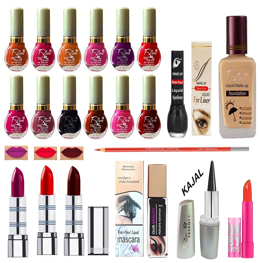 F Zone Makeup Kit With 12 Nail Polish Eye Liner Foundation 3 Lipstick Mascara Lip Balm And Kajal Vc17