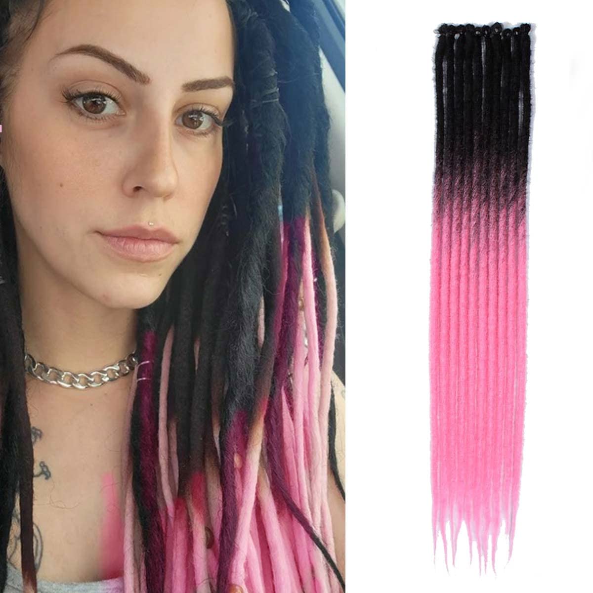 Kraler 24'' Thick Dreadlock Extensions, 20 Strands 1cm Width SE Ombre Pink Crochet Dreadls Extensions of Synthetic Hair Hip Hop 