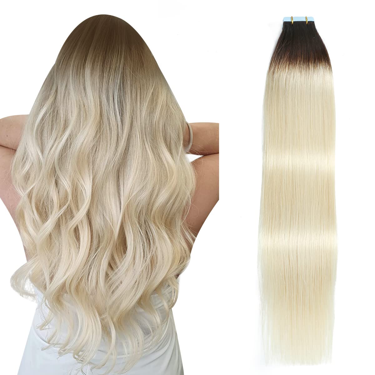 Suyya Tape In Hair Extensions Human Hair Ombre Darkest Brown To Platinum Blonde 18 Inch 50G/Pack 20Pcs Straight Seamless Skin We