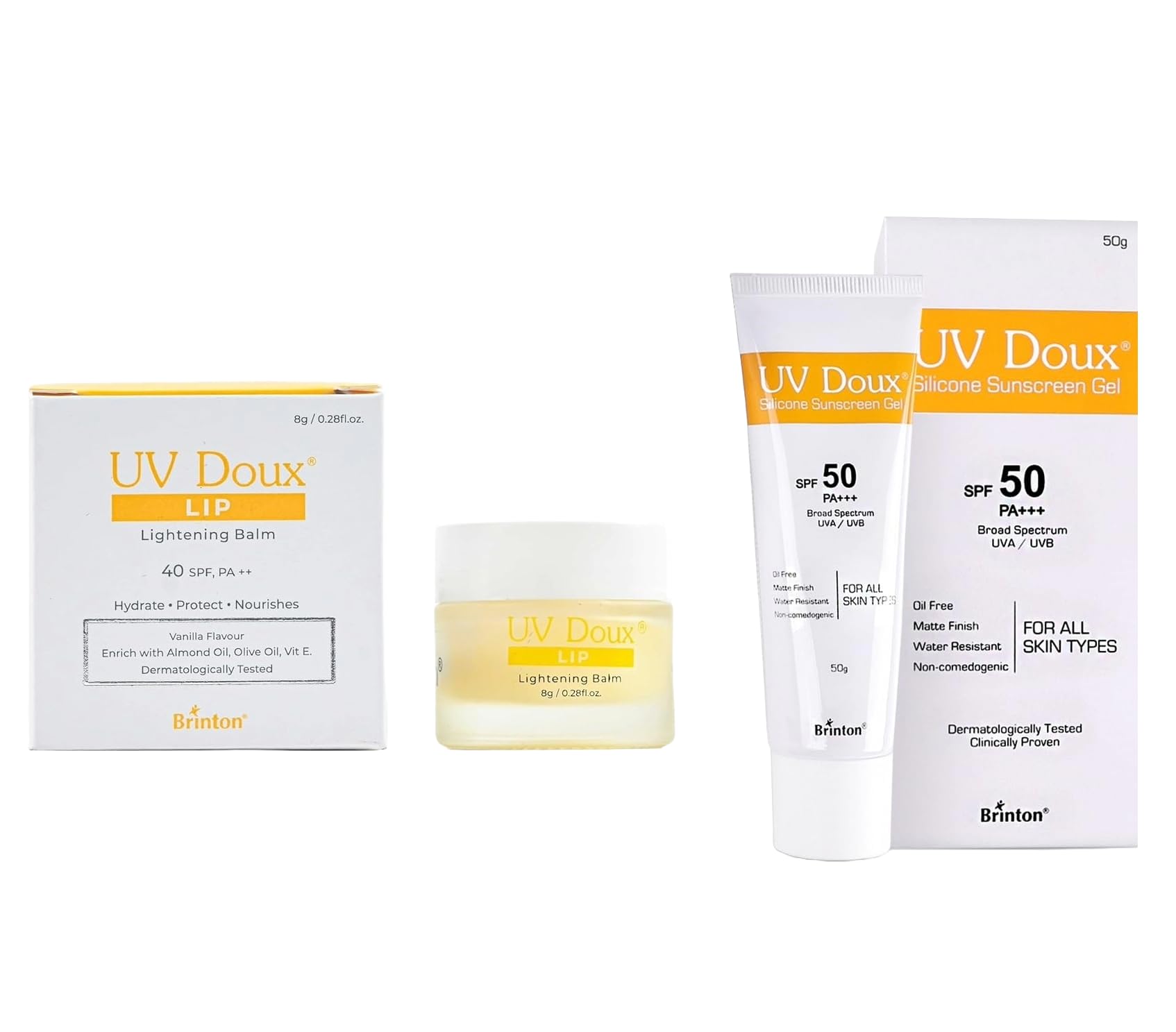Brinton Uv Doux Lip Lightening Balm With Spf 40 Pa ++,8 G And Uv Doux Face & Body Sunscreen Gel Suitable For All Skin Types With