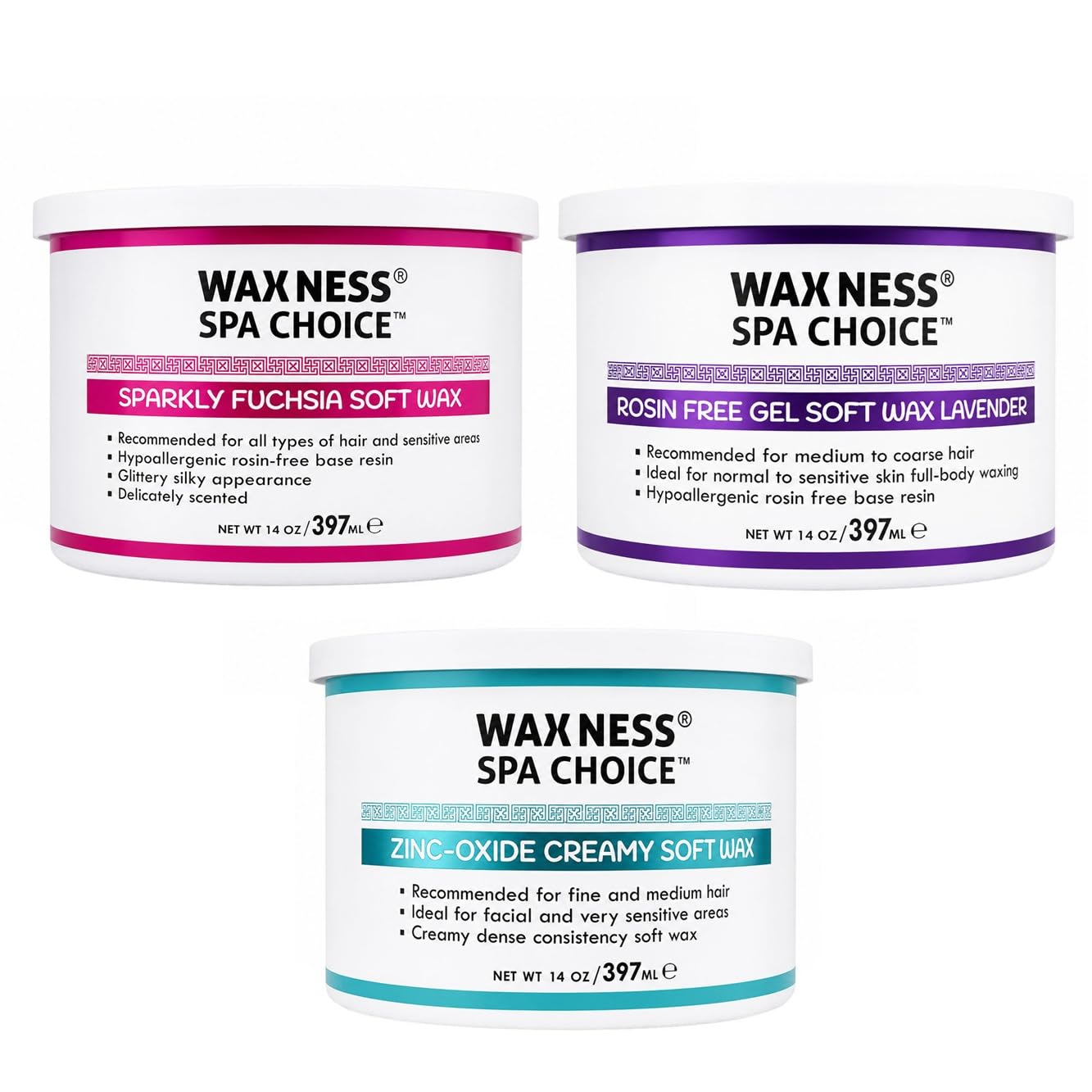 Waxness Spa Choice Assorted Soft Wax Tins 14 oz Pack of 3  Rose, Lavender Zinc Oxyde