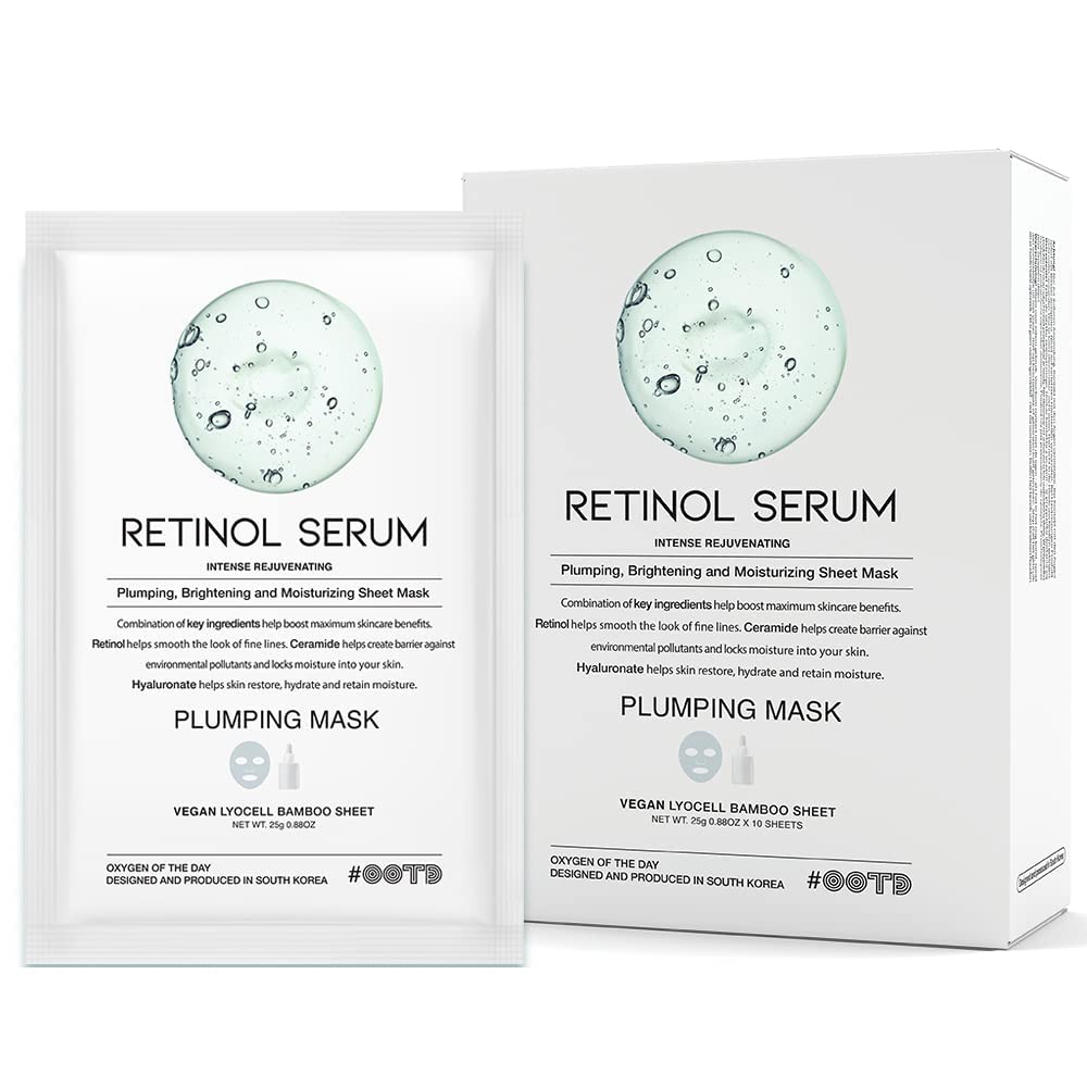 #Ootd Intense Rejuvenating Retinol Serum Vegan Sheet Mask [10 Count] Soothing Korean Beauty Bamboo Lycocell Facial Masks Sheets