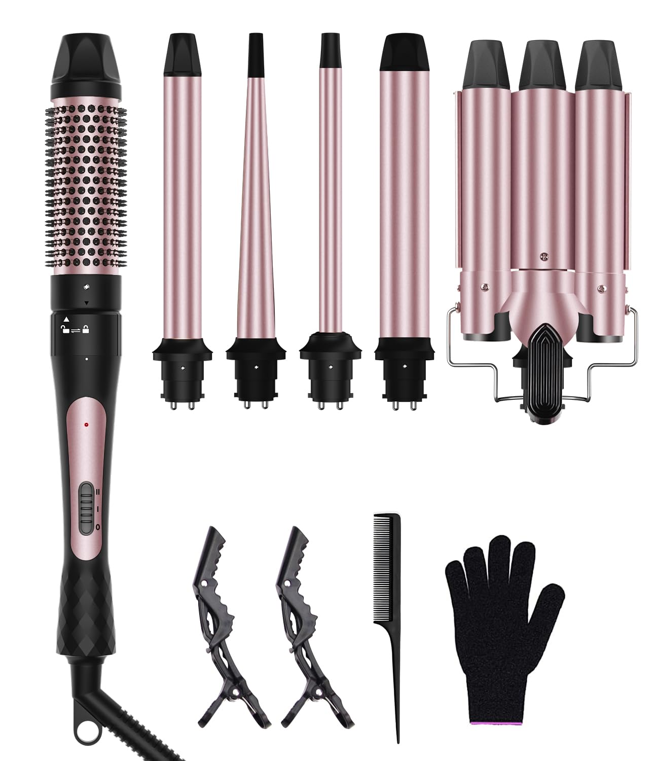 6 in 1 Curling Iron, 3 Barrel Curling Iron Set with Curling Brush (1.5inch) and 5 Interchangeable Ceramic Curling Wand(0.35-1.25