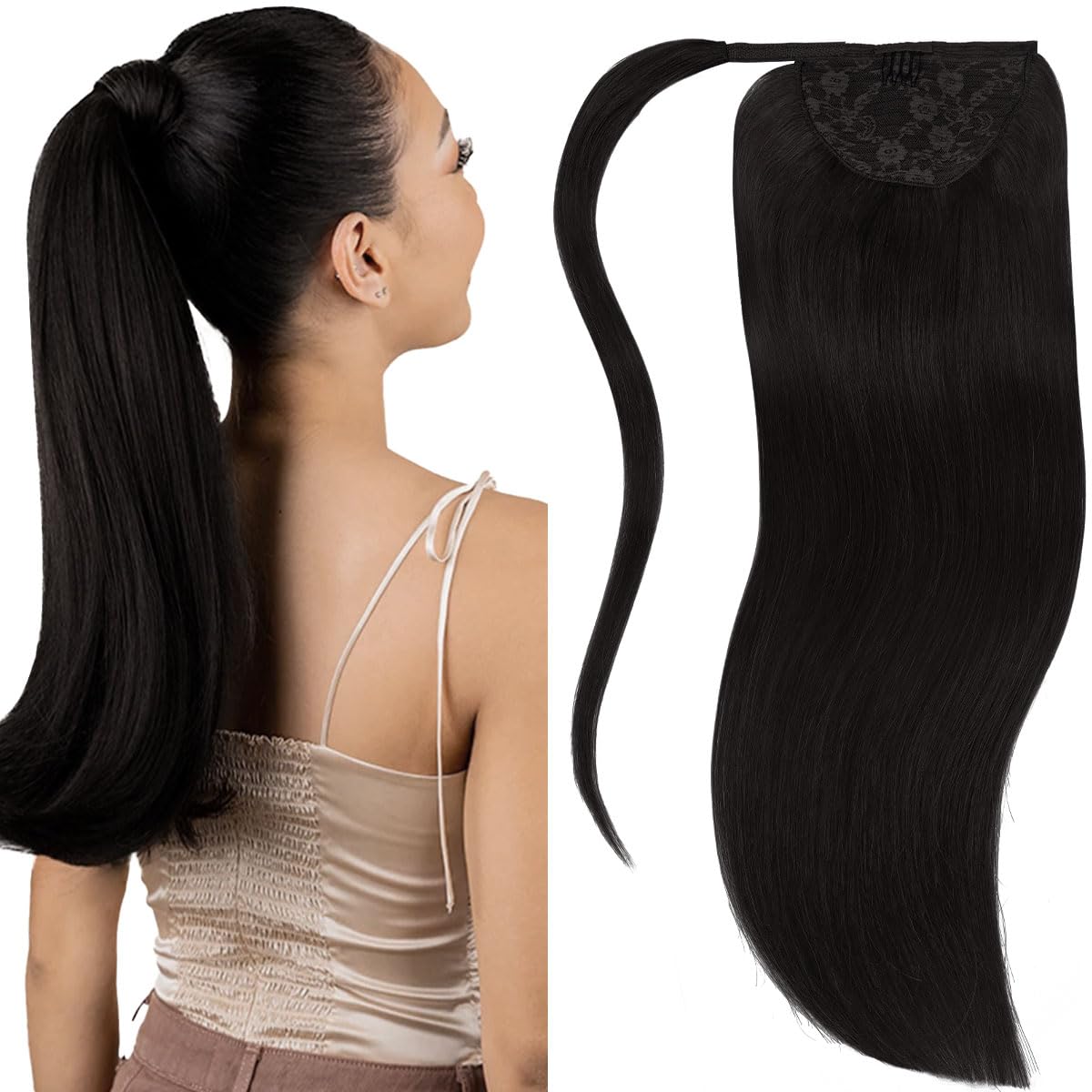 Lacerhair Straight Warp Around Ponytail Hair Extensions with Comb Human Hair Pieces for Women Ponytail 20 Inch 90g Natural Black