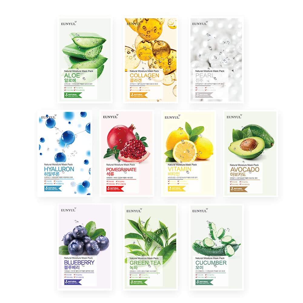 Eunyul [Pack Of 10] Natural Sheet Mask Pack 10 Types Korean Skincare Facial Mask Pack Aloe, Collagen, Pearl, Hyaluron, Avocado,