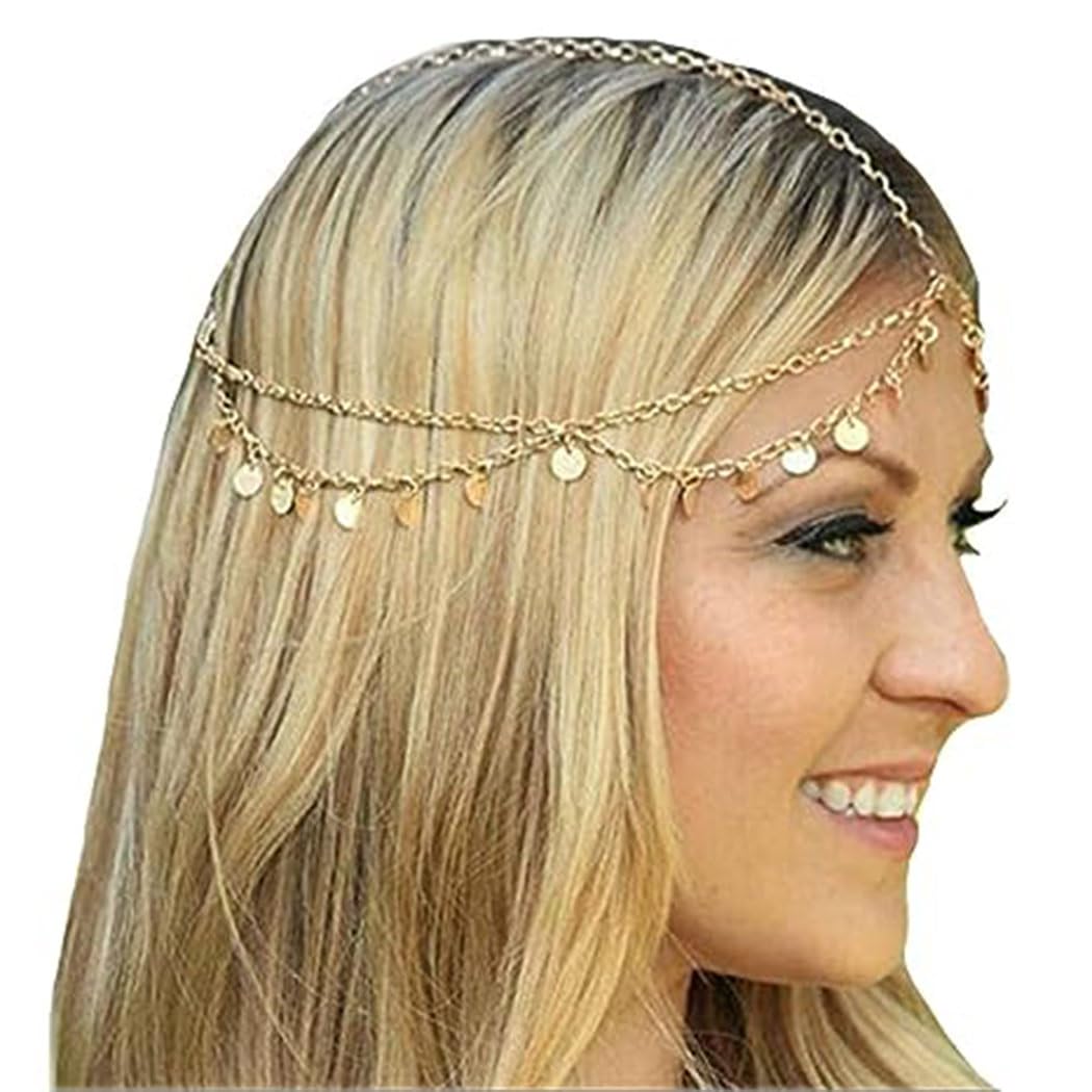 Aukmla Gold Sequins Head Chain Jewelry Festival Halloween Prom Costume Hair Accessories Fashion Headbands Headpieces for Women a