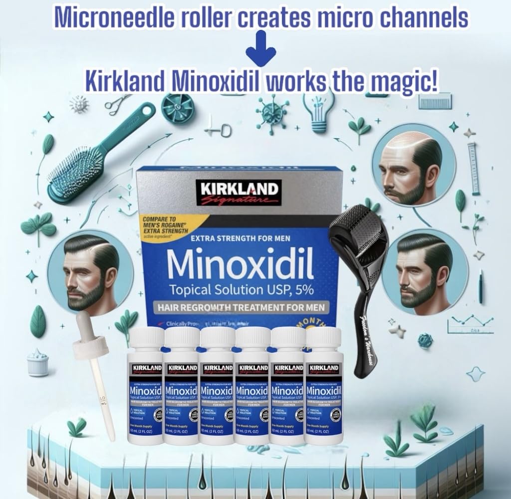 (6 Pack) Kirkland Minoxidil for Men Hair Regrowth Treatment, Liquid Extra Strength 5% Topical Solution, 6 Months Supply - Droppe