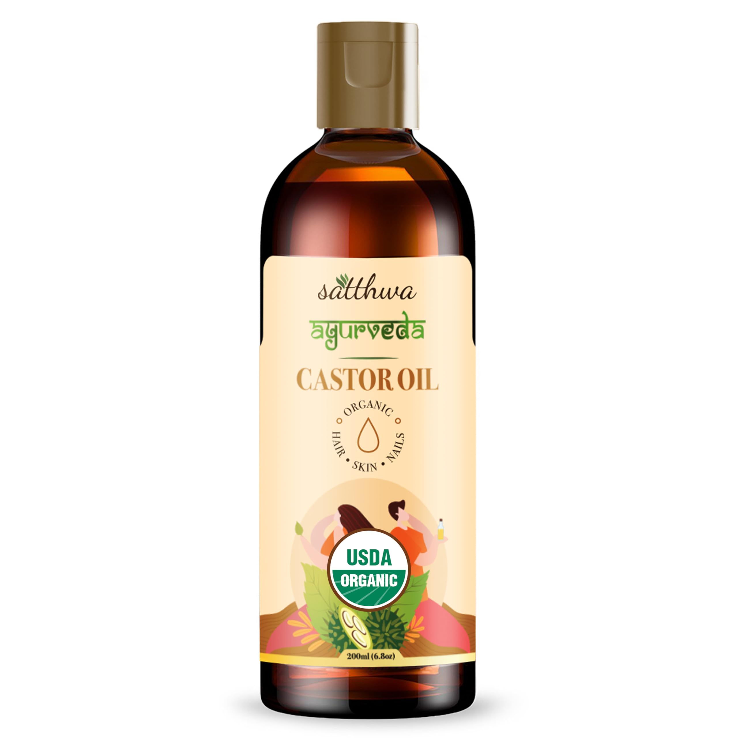 Satthwa USDA Organic ColdPressed Castor Oil (200ml  6.8oz)  Hexane Free, Pure Virgin  NutrientRich Oil for Hair Growth, Eye