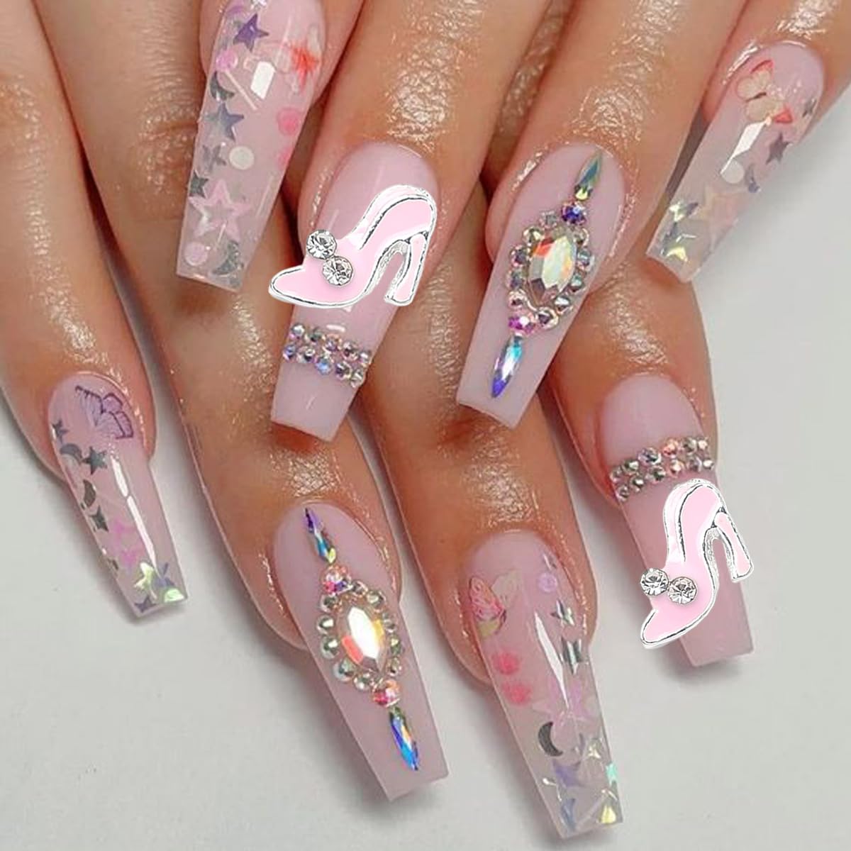 15Pcs Valentines Day Nail Charms Alloy High Heels Nail Art Charms With Glitter Nail Rhinestones Black Pink Red High Heel Shoes C