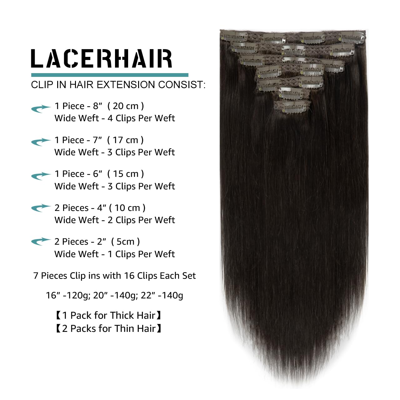Lacer Hair Extensions Clip In Real Human Hair Extensions 120G 7 Pieces Silky Straight Weft Remy Human Hair Clip In Hair Extensio