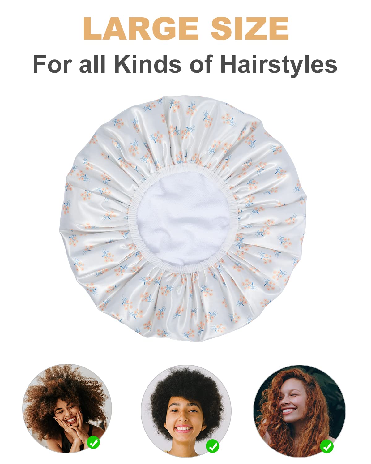 Gootty Shower Caps, Triple Layer Large Shower Cap For Women, Reusable Shower Caps For Long Thick Hair (Yellow Floral)