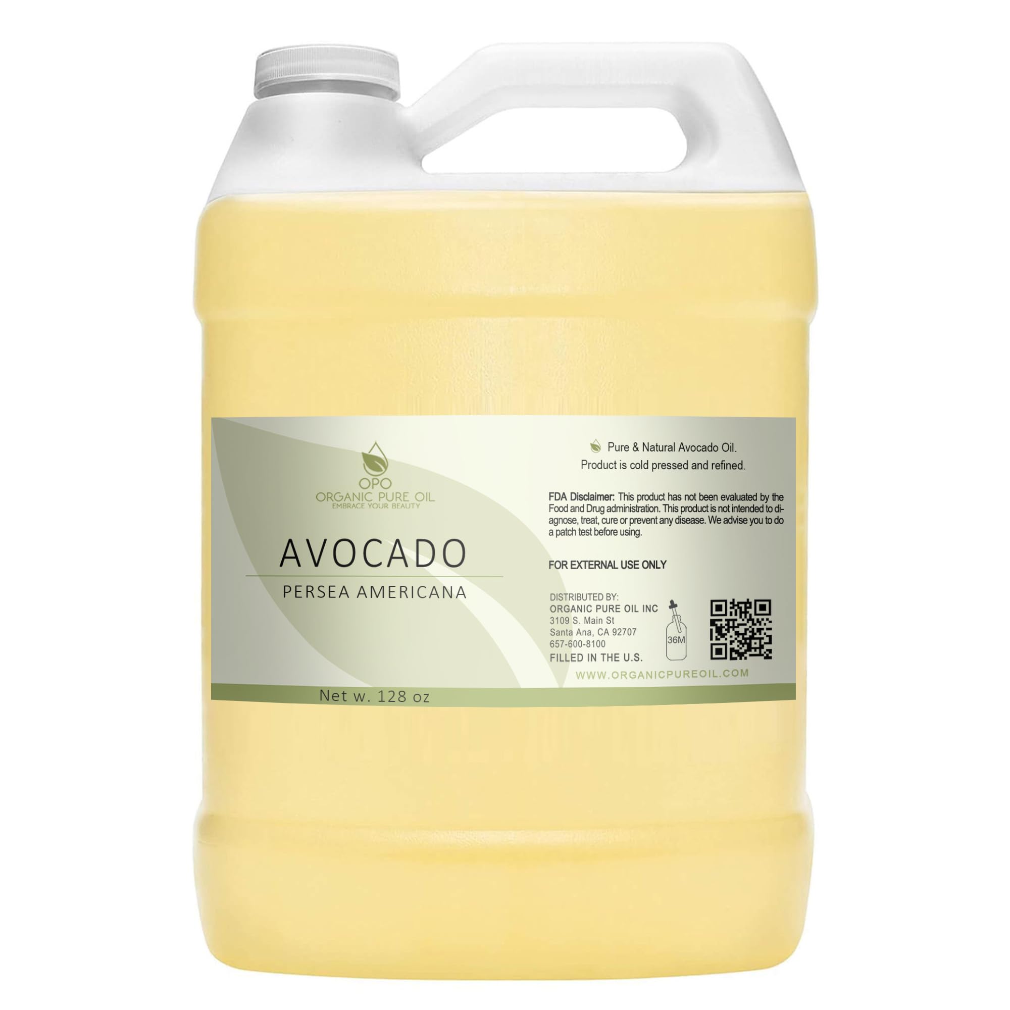 Avocado Oil - Pure, Refined, Filtered, Non-GMO, Vegan, Fair Trade, Unscented, Bulk Carrier - 128 oz / 1 Gallon - for Skin, Hair,