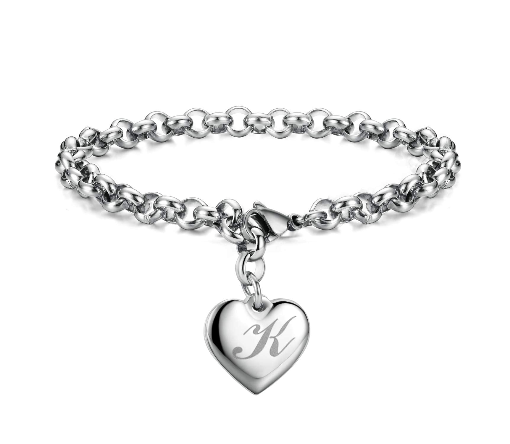 Monily Initial Charm Bracelets for Women Stainless Steel Charm Bracelets for Women Letters K Alphabet Heart Bracelet Jewelry Gif