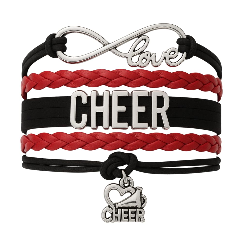 Infinity Collection - Cheer Bracelet - Red and Black - Cheerleading Infinity Charm Jewelry Gift for Cheerleaders, Teams, or Squa