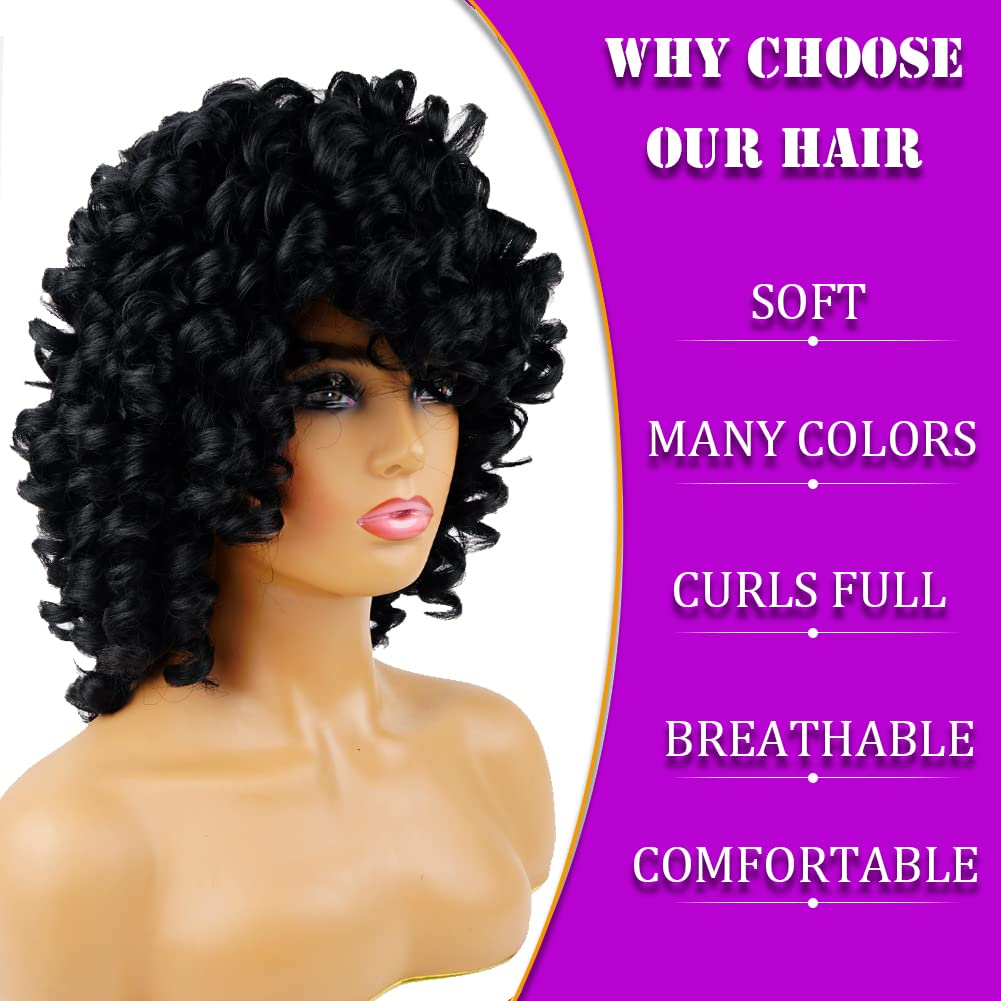 andromeda Short Curly Wigs for Black Women Soft Black Curly Wig with Bangs Fluffy Curls Synthetic Hair Wig Loose Curly African A