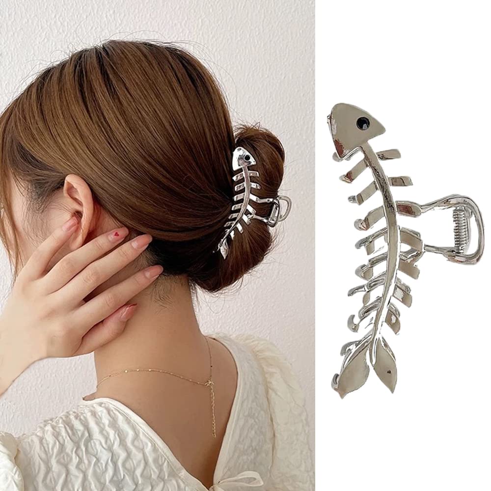 Metal Silver Fish Bone Shape Hairpins - Elegant Fishbone Hair Clips, Clamps, and Jaw Clamps for Thick or Thin Hair Styling - Fre