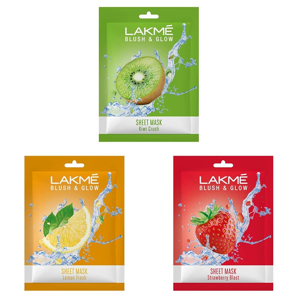 Lakm Blush & Glow Kiwi Sheet Mask, 20 Ml, Blush & Glow Strawberry Sheet Mask, 20 Ml & Blush & Glow Lemon Sheet Mask, 20 Ml, Pack