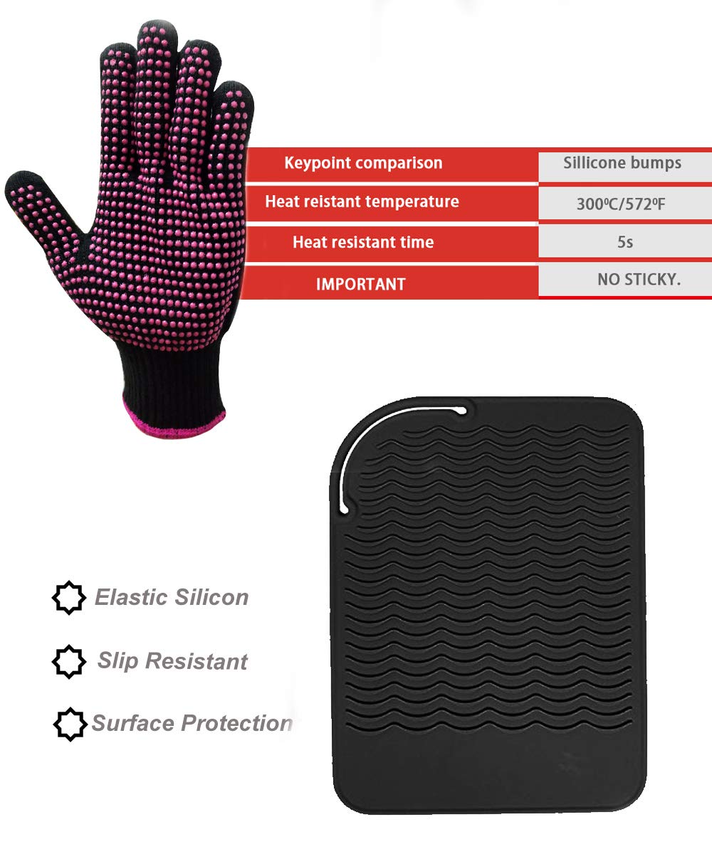 Heat Resistant Silicone Glove and Mat Set for Curling Iron, Hair Straightener, Flat Irons - 9 '' x 6.5 '' Food Grade Silicone Ma