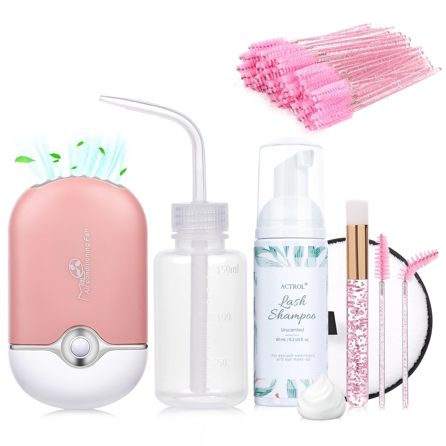 ACTROL Eyelash Extension Shampoo Kit 60ml Unscented Lash Extension Cleanser with Lash Fan Pink Professional Eyelid Foaming Clean
