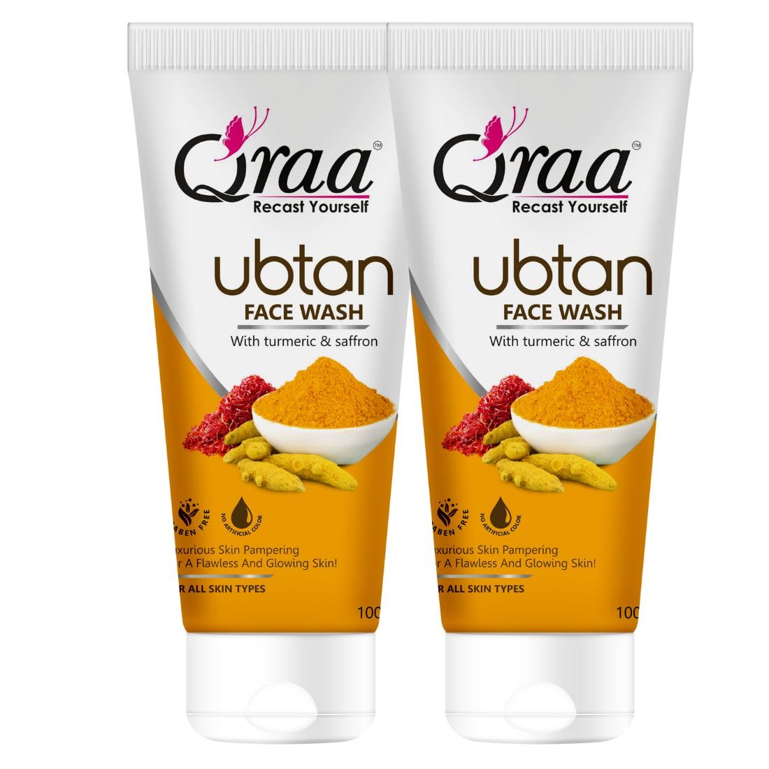 Qraa Ubtan Face Wash For All Skin Type With Turmeric & Saffron For Tan Removal, Glow & Radiance | Pack Of 2 X 100G
