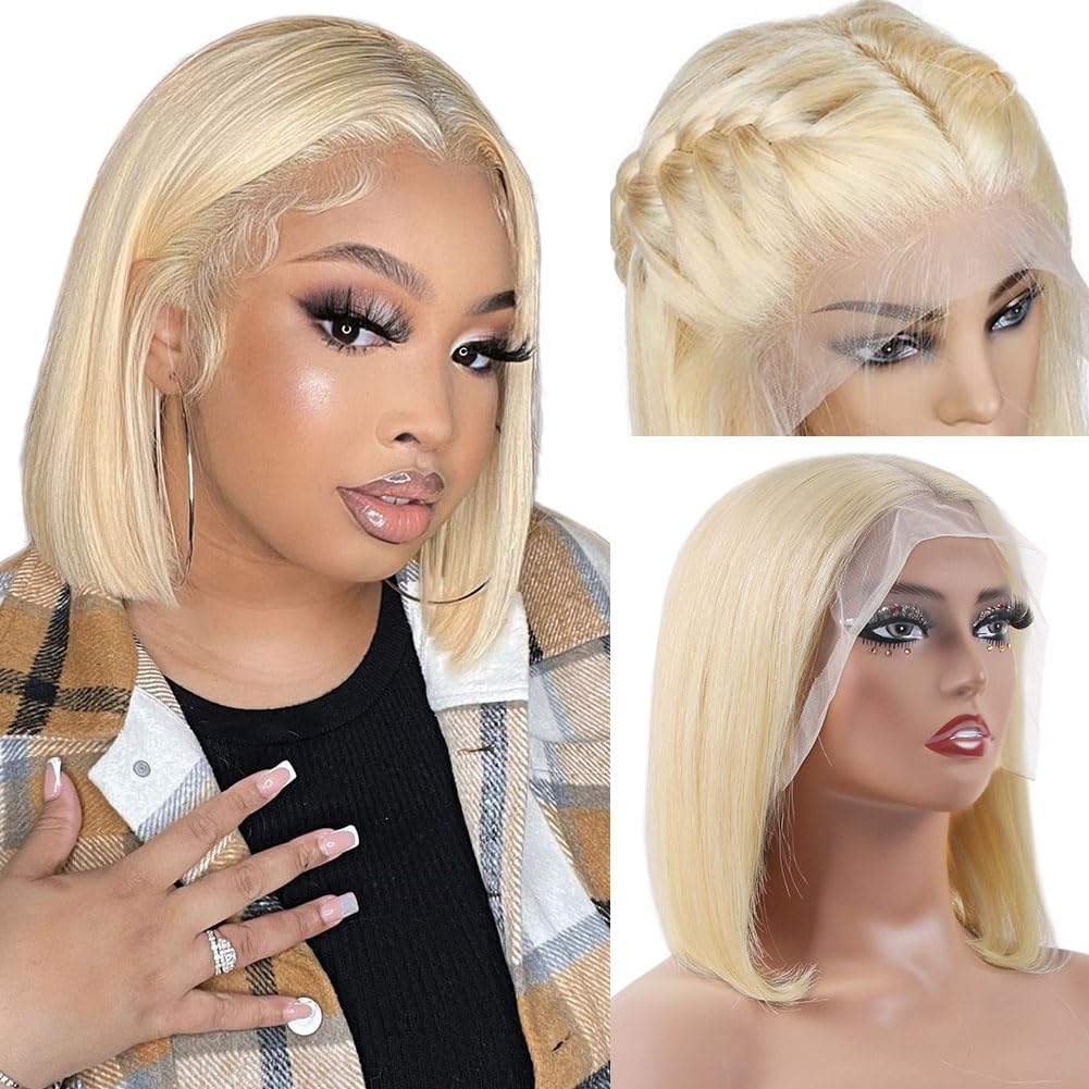 Flady 12 inch Blonde Bob Wig Human Hair 613 13X4 Lace Front Wigs Human Hair Pre Plucked 613 Blonde HD Lace Frontal Wig 150% Dens