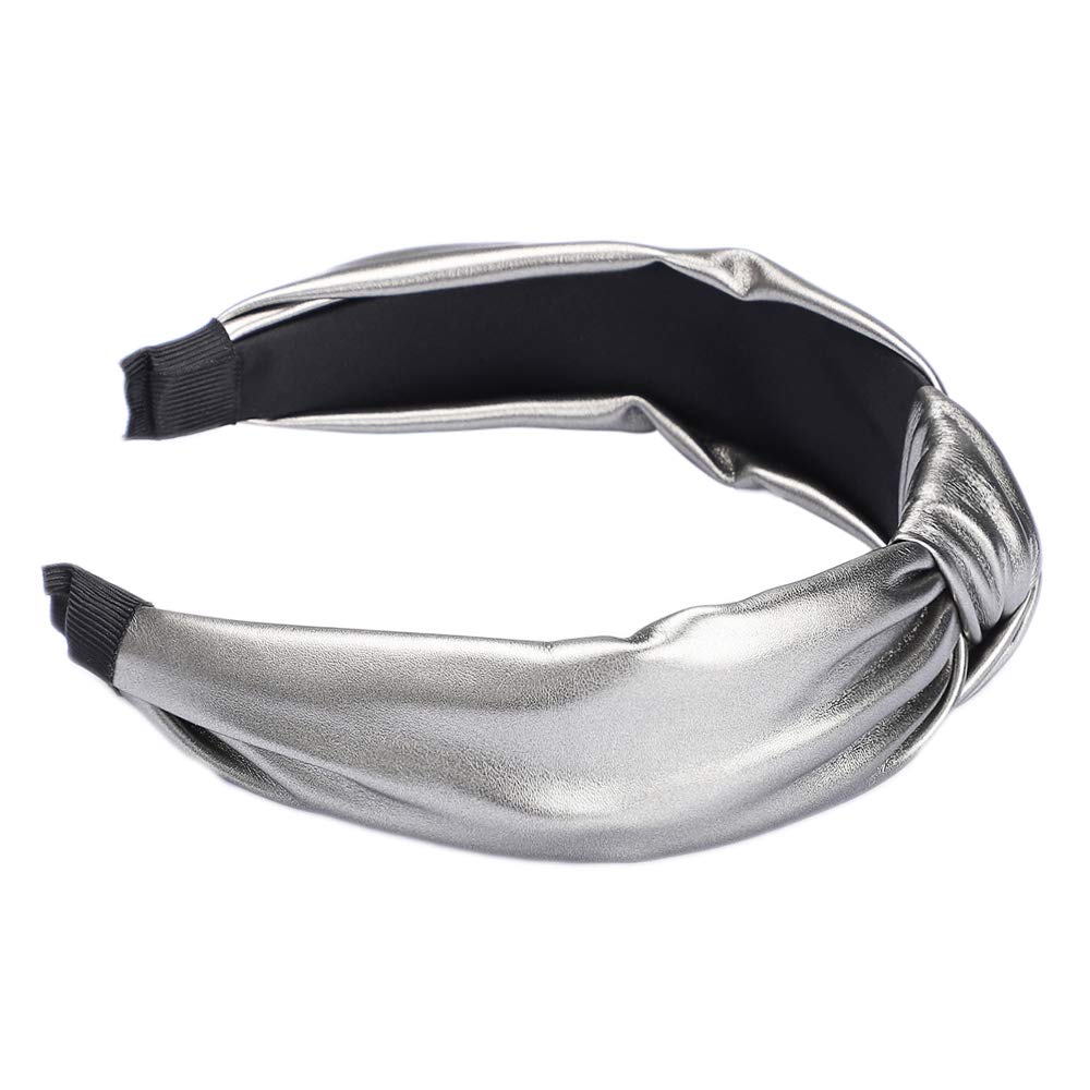 Etercycle Headband for Women, Knotted Wide Headband, Yoga Hair Band Fashion Elastic Hair Accessories for Women (PU Silver)