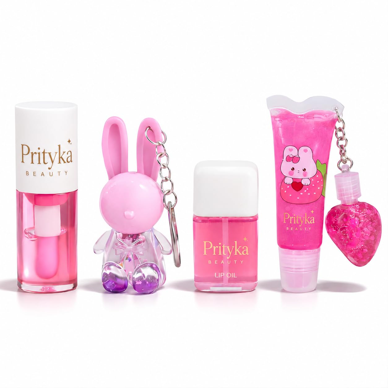 Korean Lip Gloss Set Of 4 In Tinted Pink With Rabbit Keychain, 2In1 Tube, Liquid Oil And Swiss Pink Tint Combo, Cute Daily Wear 