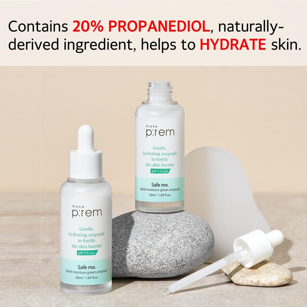 MAKE P:REM Safe Me. Relief Moisture Green Ampoule, Hydrating & Soothing Facial Serum for Sensitive Skin, Enhanced Skin Barrier C