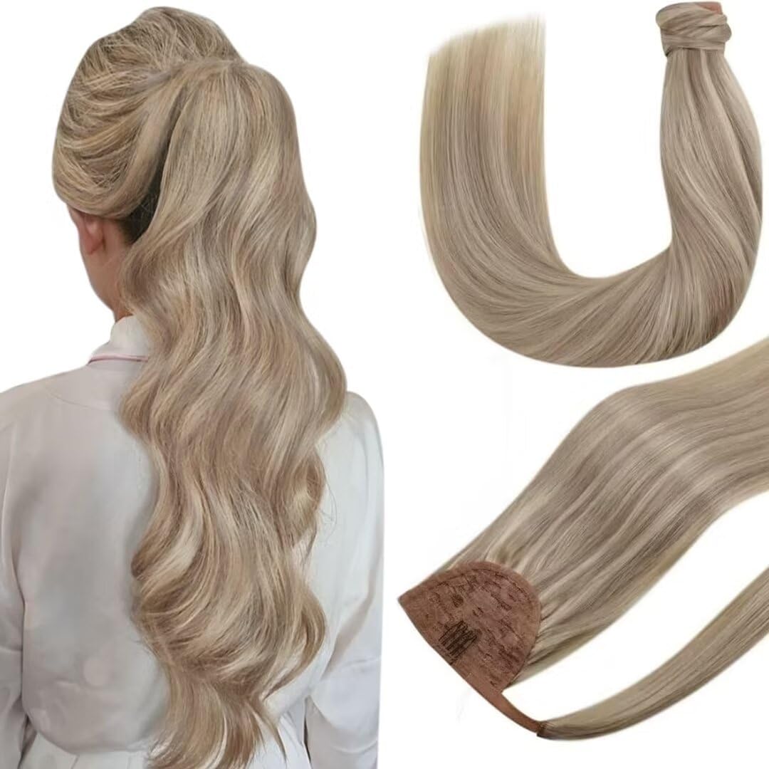 Hetto Ponytail Extensions Human Hair #17 Dark Blonde Highlighted #23 Light Blonde Clip in Ponytail Human Hair Extensions Real Ha