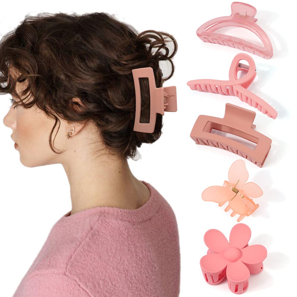 Pink Hair Clips, Ahoney 5 Pack Hair Clips for Thin Hair Cute Hair Clips 3.4-4.3 Inch Jaw Clips for Hair Big Hair Clamp Butterfly