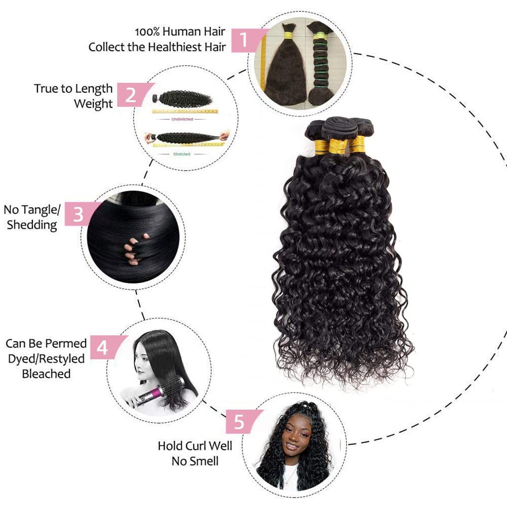 Menalue Human Hair Bundles with Closure, 12 14 16+10, Water Wave, 10A Brazilian Virgin Hair, Double Weft, Natural Color