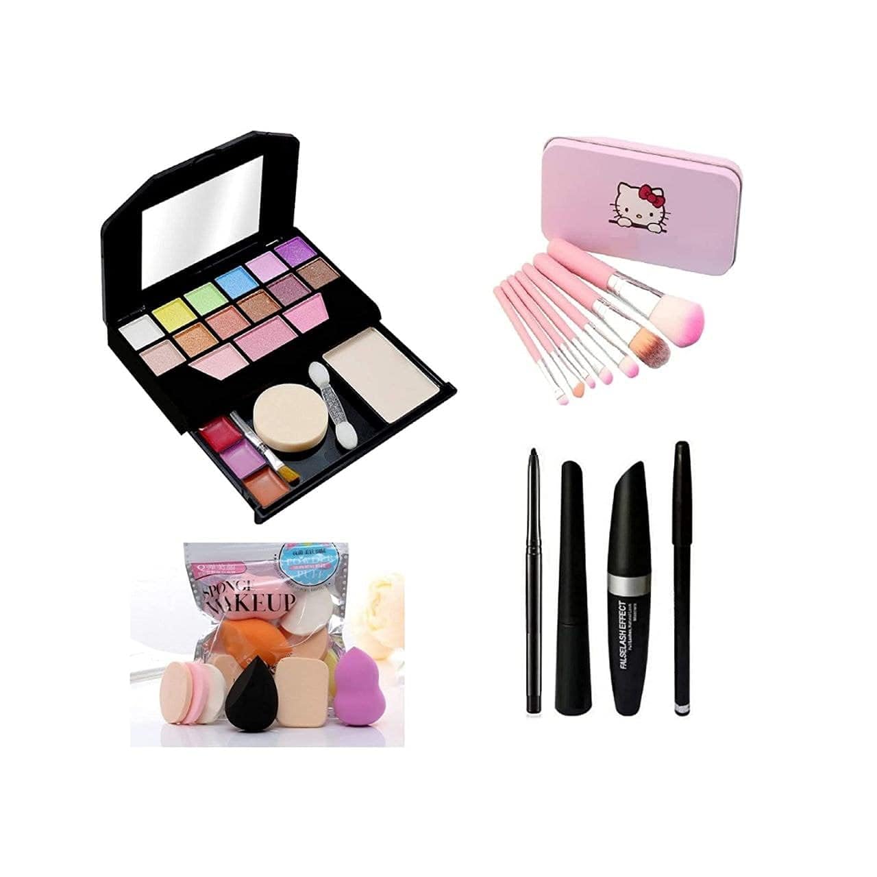 Protya 5024 Multicolour Makeup Kit With 7 Pink Makeup Brushes Set, 6In1 Makeup Sponges And 3In1 Eyeliner, Mascara, Eyebrow Penci