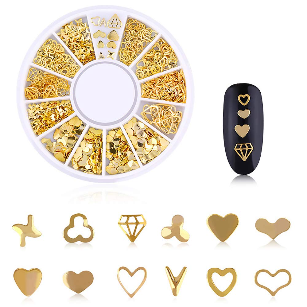 Wokoto 6 Boxes Gold Metal Nail Studs Rose Star Moon Feather Nail Charm Kit 3D Nail Art Jewelry Decoration With 1Pc Tweezers And