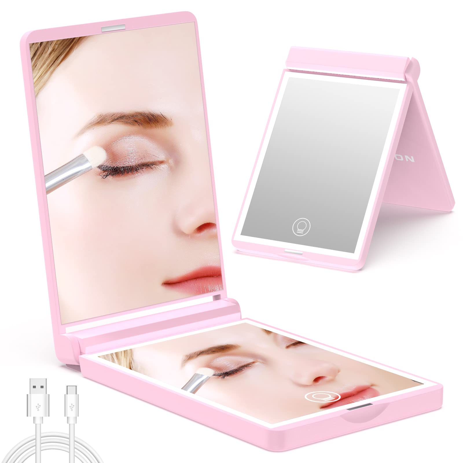 WOBSION Lighted Compact Mirror, Rechargeable Travel Makeup Mirror with Light,1x/3x Magnifying,300Flip Folding Portable Mirror, 2