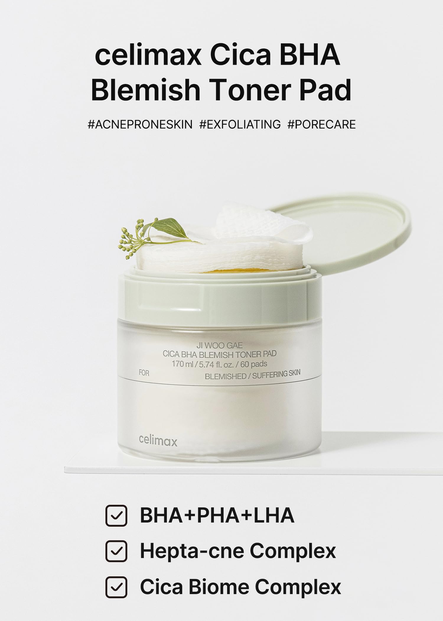 Celimax Ji.Woo.Gae Cica Bha Blemish Toner Pad | Hydrating & Moisturizing Exfoliating Pads For Oily Combination Skin, For Soothin