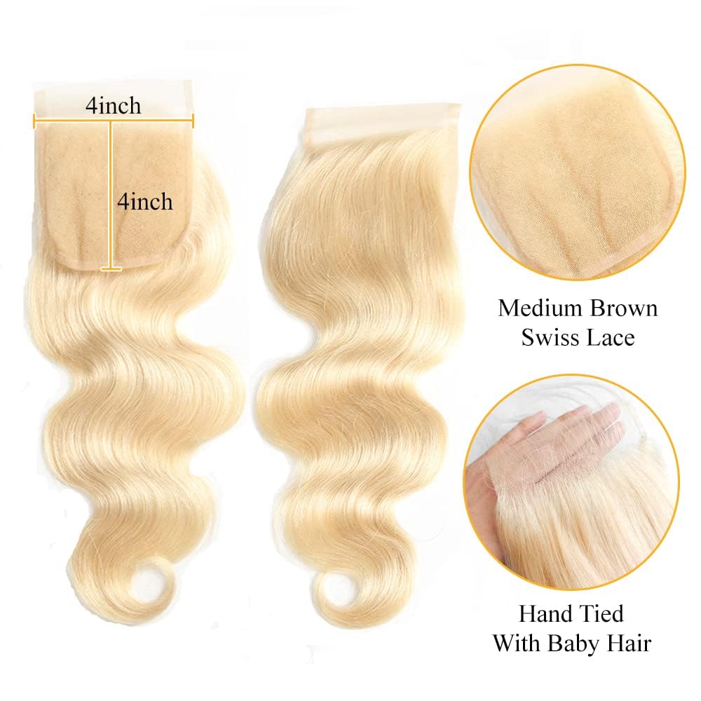 Qthair 14A Brazilian Blonde #613 Body Wave 4X4 Lace Closure Transparent Lace Frontal Closure 12Inch 100% Blonde Human Hair Body