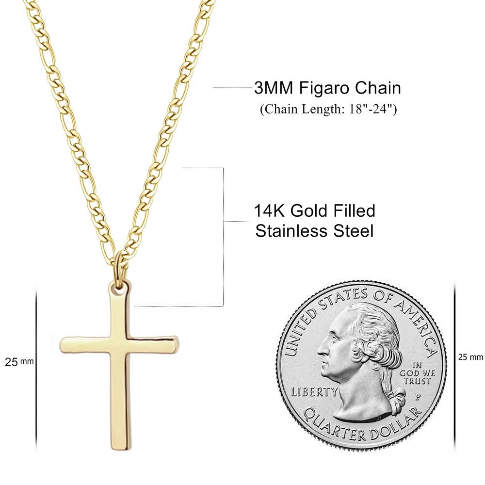 Cross Necklace for Men Polished 14K Gold Filled Stainless Steel Plain Cross Pendant Figaro Chain Necklace Simple Religious Jewel