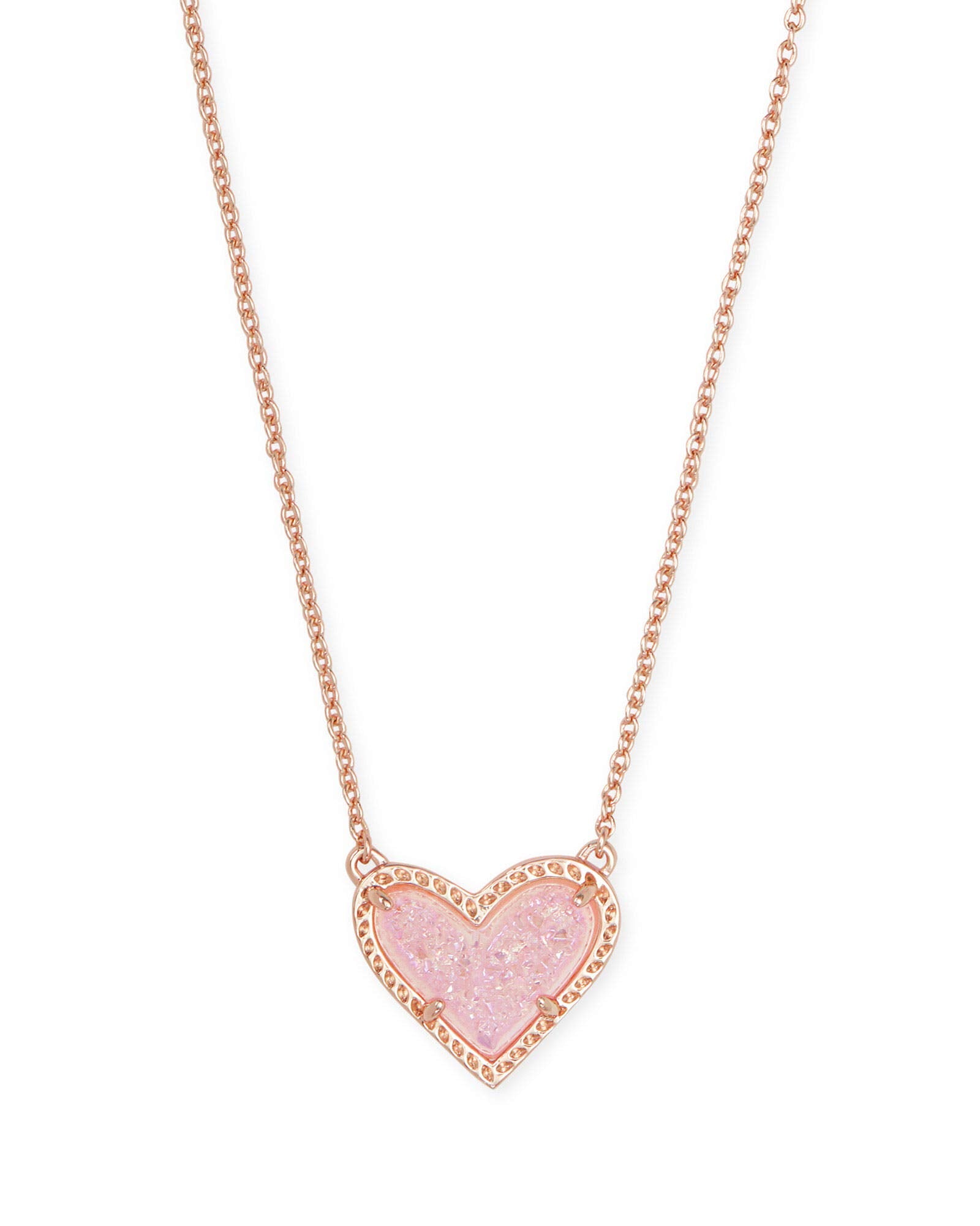 Kendra Scott Ari Heart Adjustable Length Pendant Necklace for Women, Fashion Jewelry, 14k Rose Gold-Plated, Pink Drusy