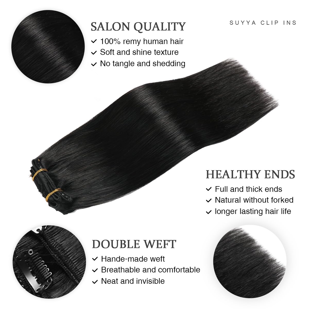 Suyya Hair Extensions Clip Ins,14 Inch 7Pcs 110G Jet Black Clip In Hair Extensions Human Hair Straight Clip In Hair Extensions R