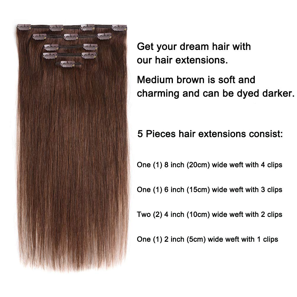 5 Pieces 16 Remy Clip In Hair Extensions Human Hair Medium Brown - Beauty Silky Straight Short Thick Real Hair Extensions For Wo