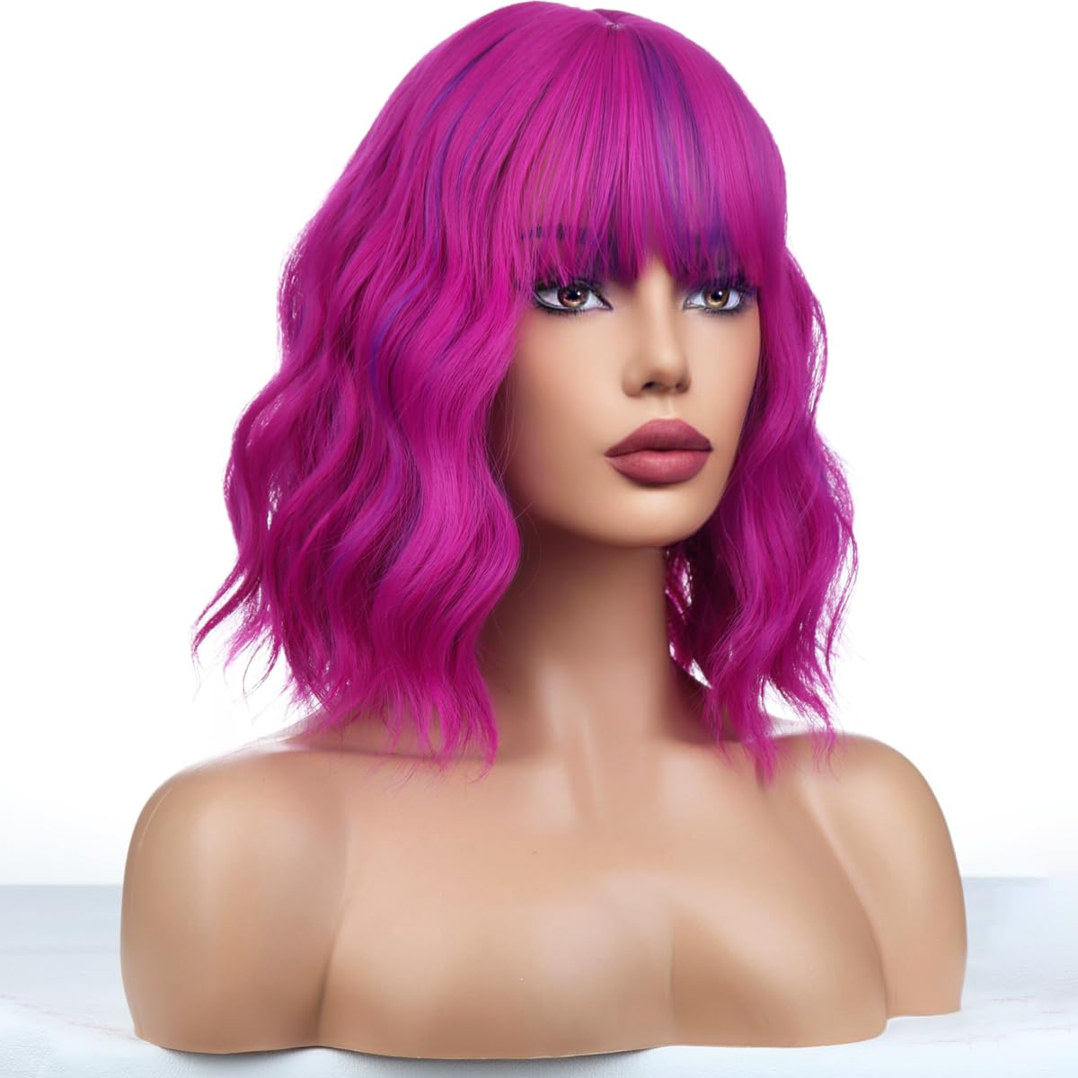 Wthcos Colorful Wig Short Bob Wig Short Rose Mixed Purple Wigs For Women Curly Wavy Wig With Bangs Heat Resistant Synthetic Hair