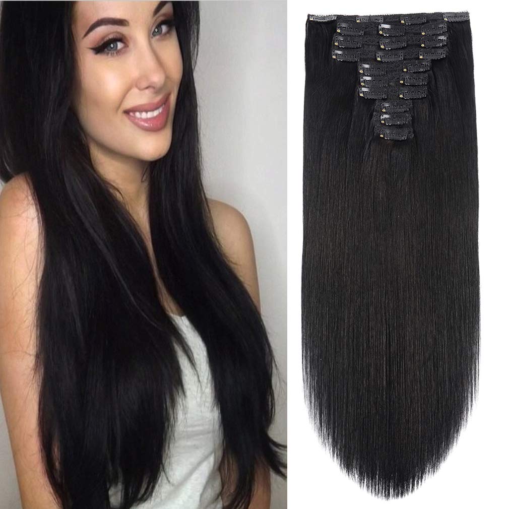 22'' Clip in Human Hair Extensions Full Head 200g 10 Pieces 22 Clips 1# Jet Black Double Weft Brazilian Real Remy Hair Extension
