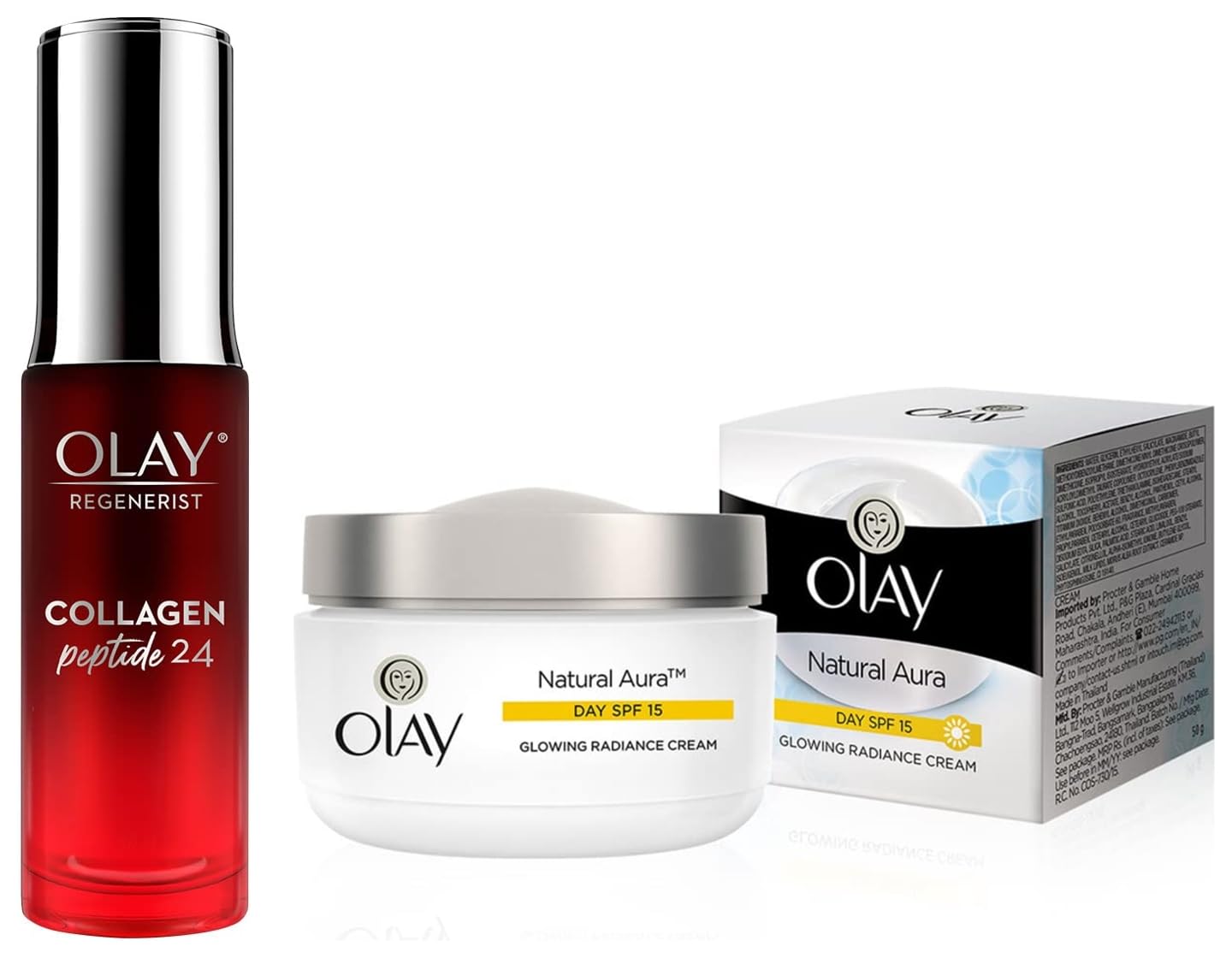 Olay Regenerist Collagen Peptide 24 Face Serum, 30 Ml, Clear & Olay Day Cream Natural Aura Glowing Radiance Cream Spf 15, 50G