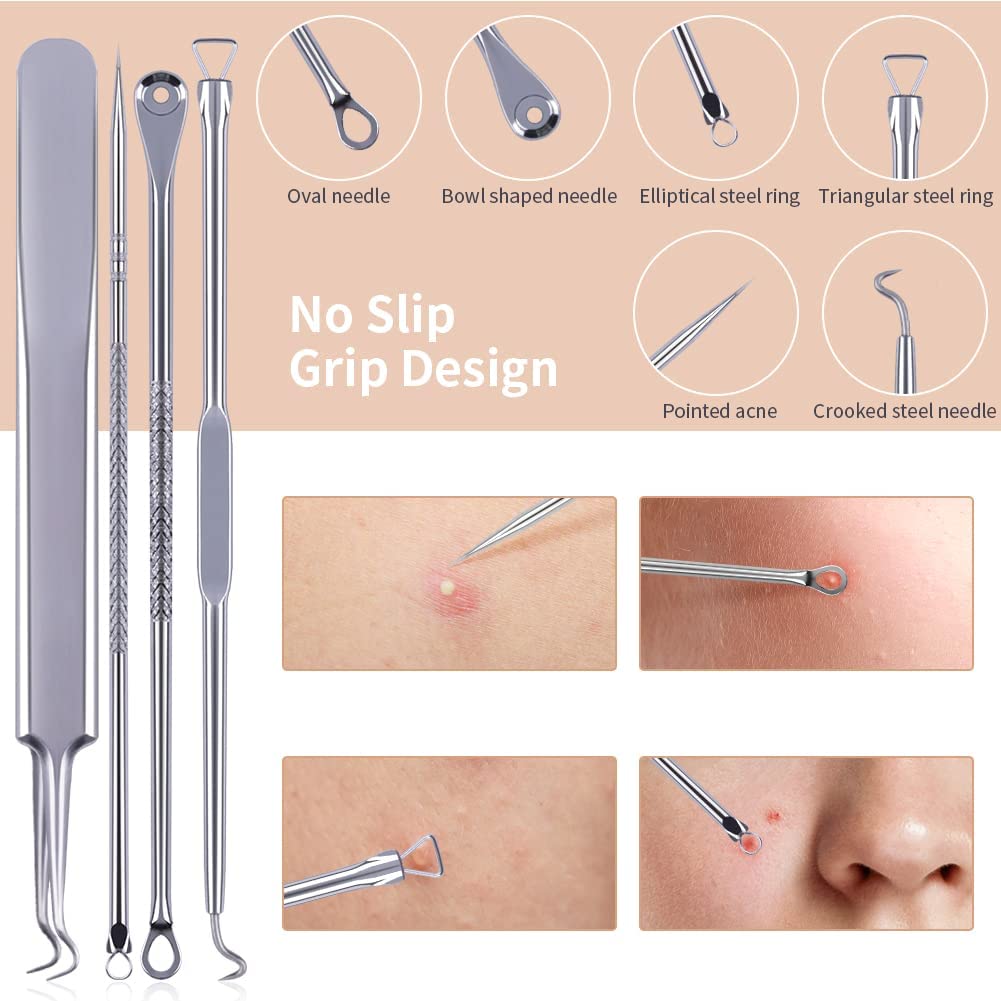 DUcare Backhead Remover 4pcs Professional Spot Pimple Popper Tool Kit Comedone Extractor Tweezers for Remove Zit Acne with Case